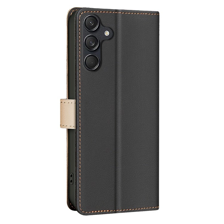BINFEN COLOR BF33 For Samsung Galaxy F16 5G / M16 5G Leather Case Splicing Color RFID Blocking Wallet Stand Phone Cover - Black