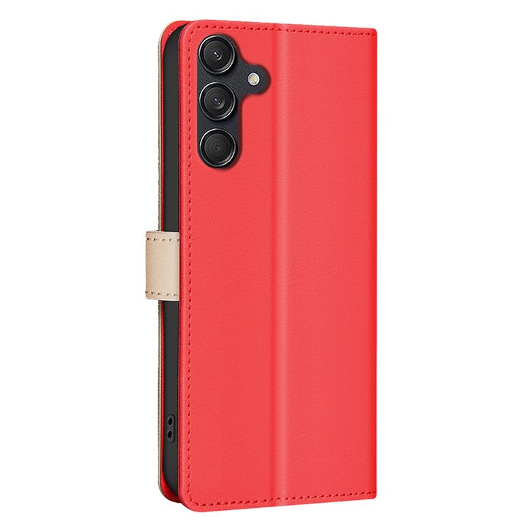 BINFEN COLOR BF33 For Samsung Galaxy F16 5G / M16 5G Leather Case Splicing Color RFID Blocking Wallet Stand Phone Cover - Red