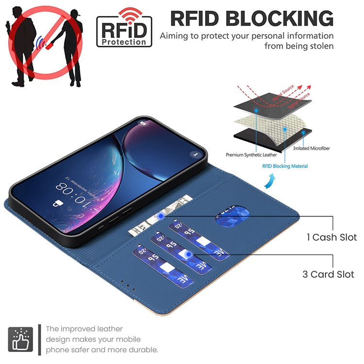 BINFEN COLOR BF33 For Samsung Galaxy F16 5G / M16 5G Leather Case Splicing Color RFID Blocking Wallet Stand Phone Cover - Blue