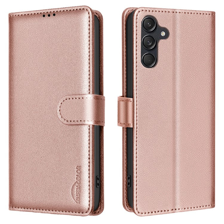 BINFEN COLOR BF32 For Samsung Galaxy F16 5G / M16 5G Leather Case Wallet RFID Blocking Phone Cover - Rose Gold
