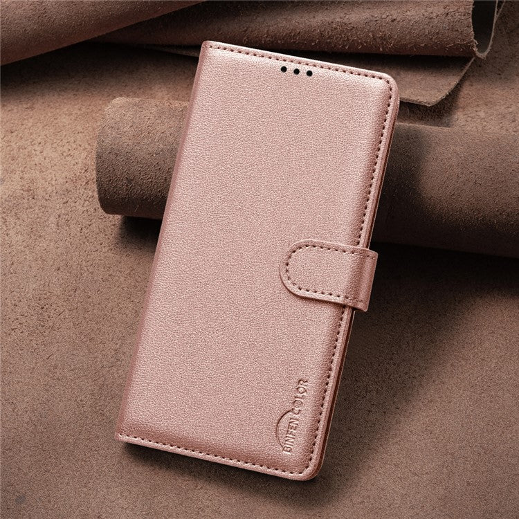 BINFEN COLOR BF32 For Samsung Galaxy F16 5G / M16 5G Leather Case Wallet RFID Blocking Phone Cover - Rose Gold