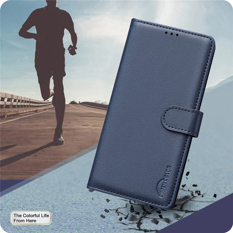 BINFEN COLOR BF32 For Samsung Galaxy F16 5G / M16 5G Leather Case Wallet RFID Blocking Phone Cover - Blue