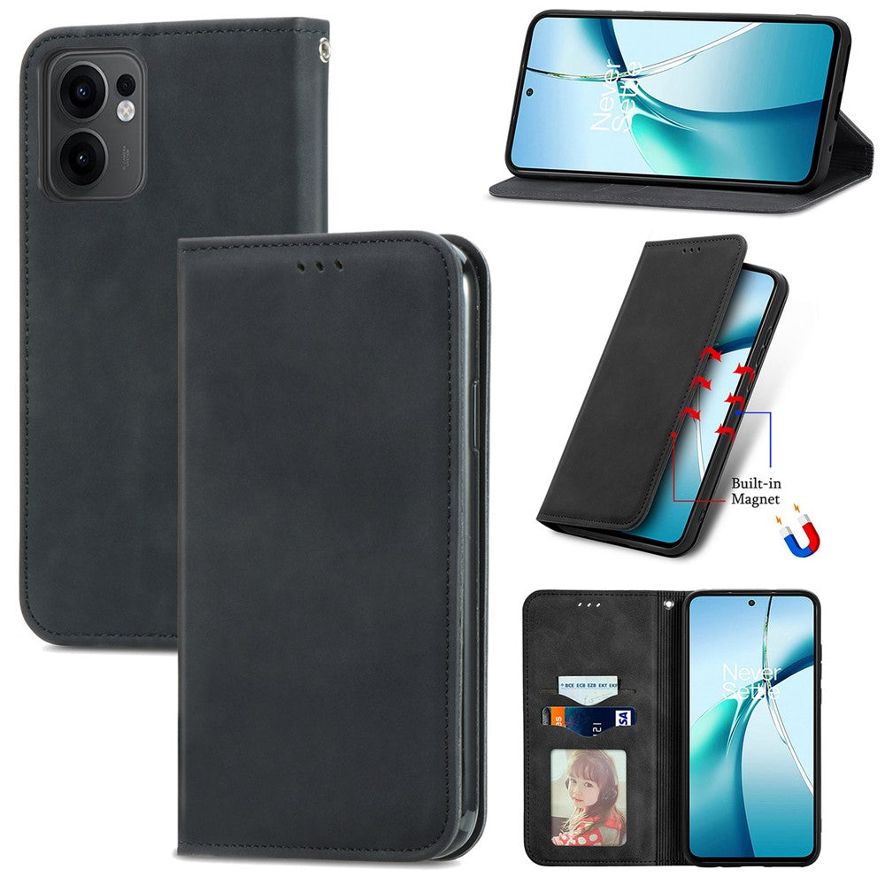 For Oppo Reno13 F 5G Leather Case with Card Holder Magnetic Absorption Phone Cover - Black