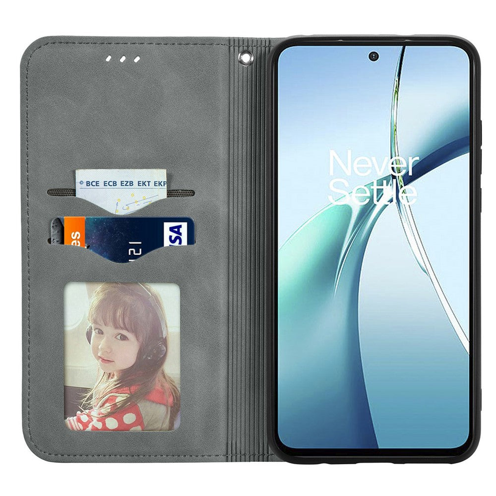 For Oppo Reno13 F 5G Leather Case with Card Holder Magnetic Absorption Phone Cover - Grey
