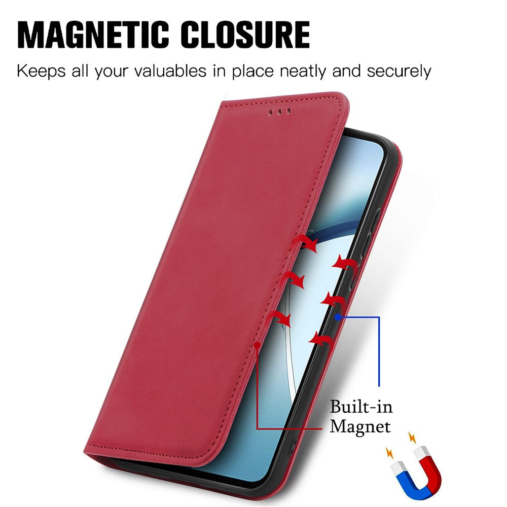 For Oppo Reno13 F 5G Leather Case with Card Holder Magnetic Absorption Phone Cover - Red