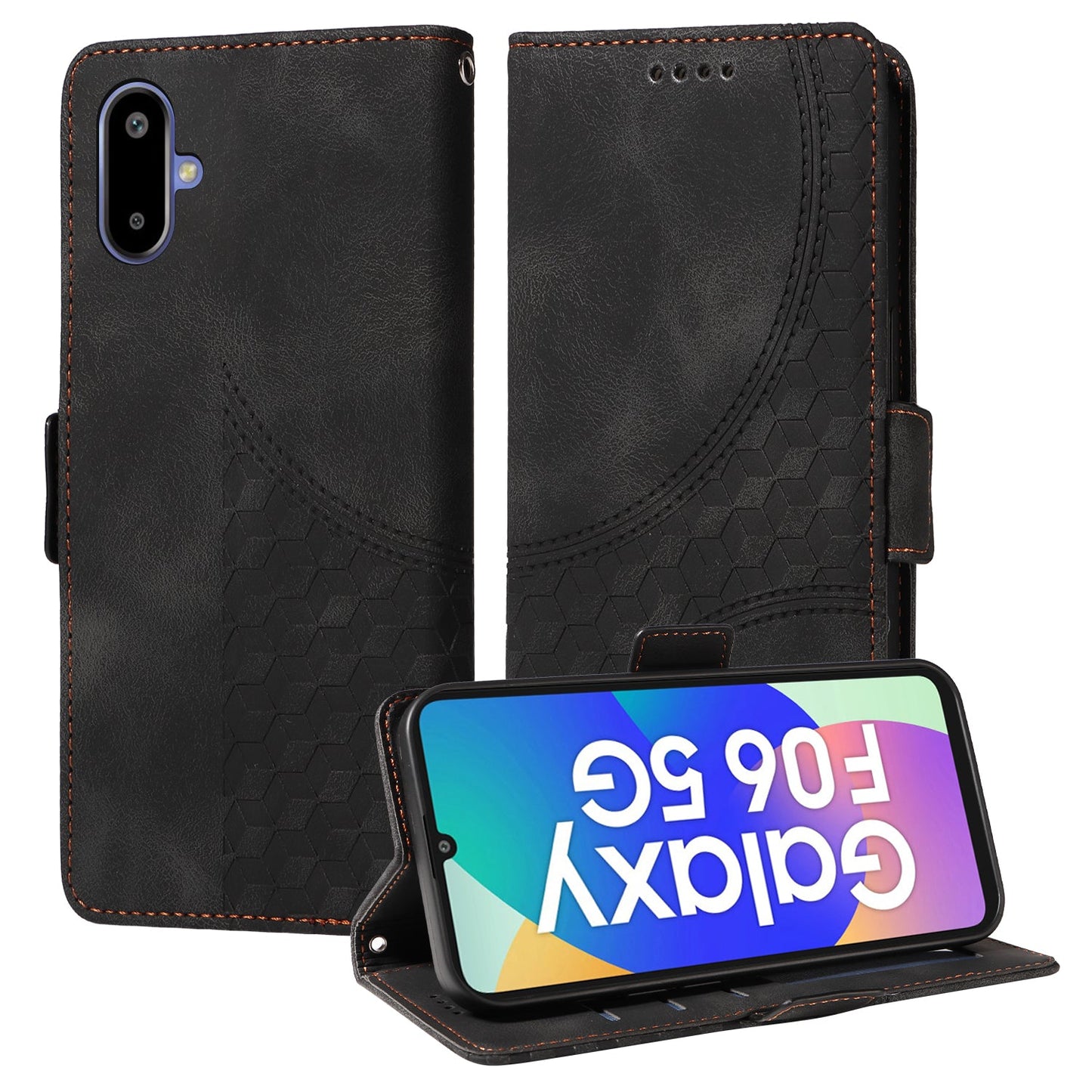 For Samsung Galaxy F06 5G Leather Cases Wallet Rhombus Imprinted Phone Cover Stand with Strap - Black