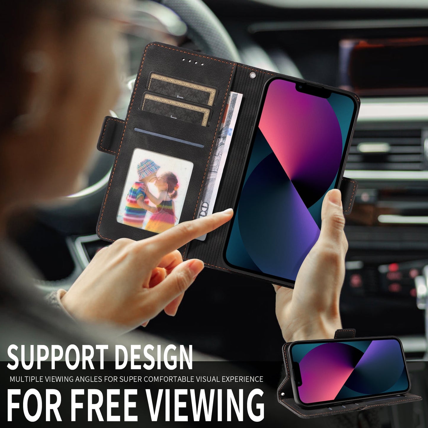 For Samsung Galaxy F06 5G Leather Cases Wallet Rhombus Imprinted Phone Cover Stand with Strap - Black