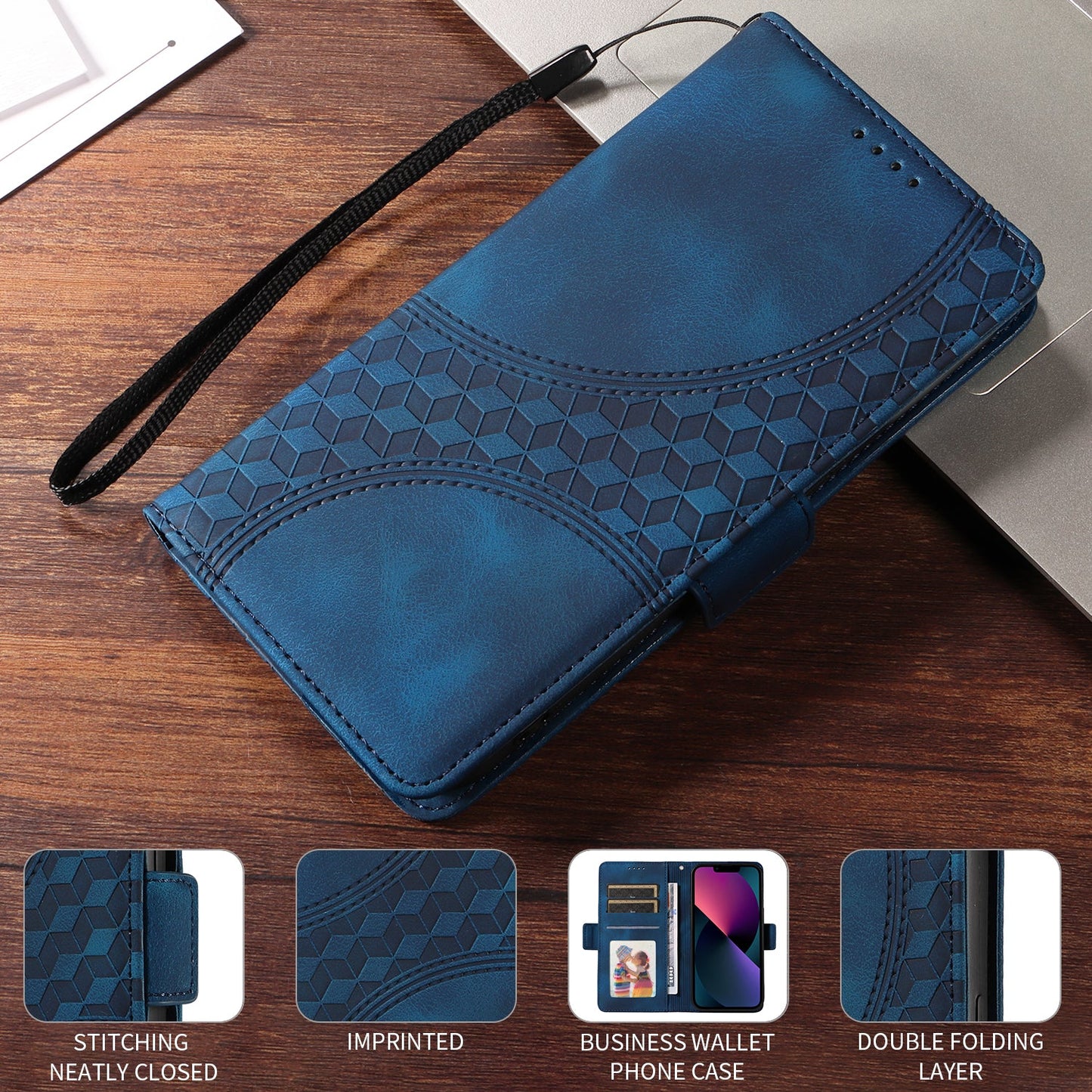 For Samsung Galaxy F06 5G Leather Cases Wallet Rhombus Imprinted Phone Cover Stand with Strap - Blue