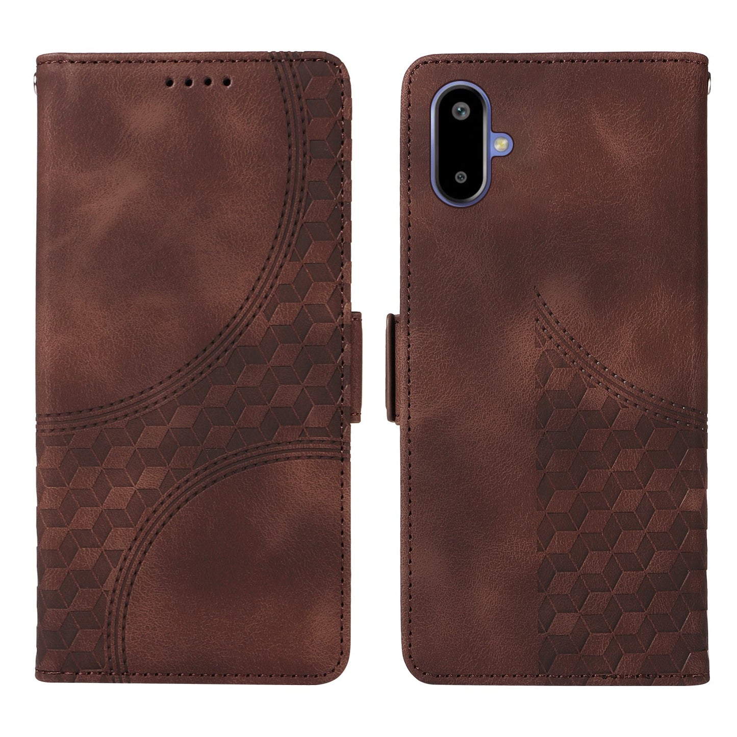 For Samsung Galaxy F06 5G Leather Cases Wallet Rhombus Imprinted Phone Cover Stand with Strap - Brown