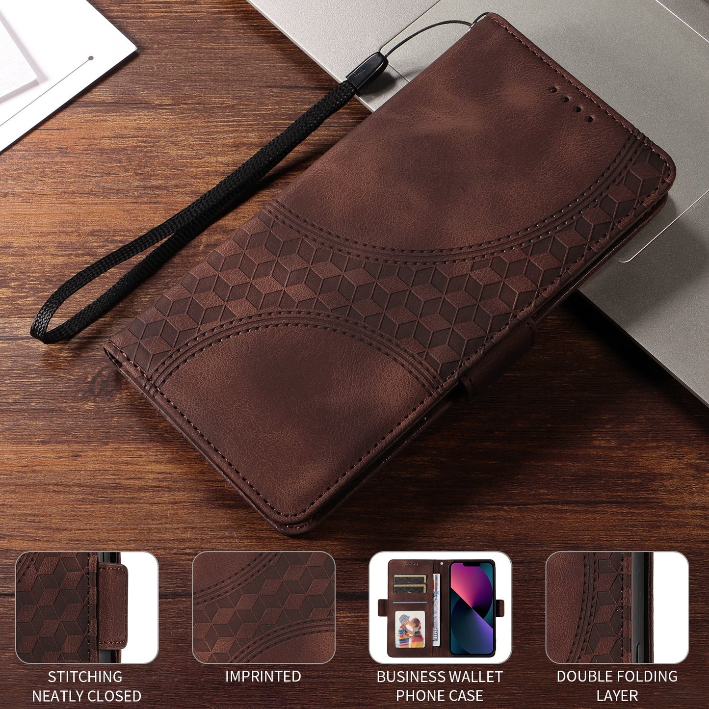 For Samsung Galaxy F06 5G Leather Cases Wallet Rhombus Imprinted Phone Cover Stand with Strap - Brown