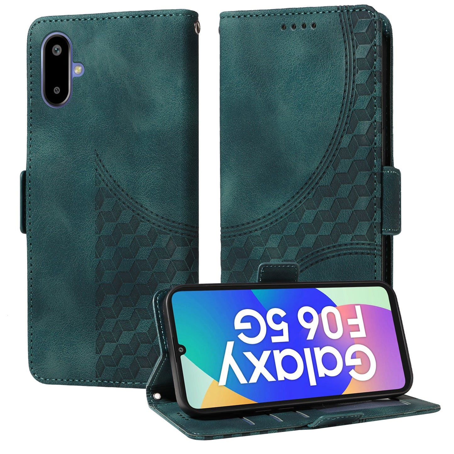 For Samsung Galaxy F06 5G Leather Cases Wallet Rhombus Imprinted Phone Cover Stand with Strap - Green