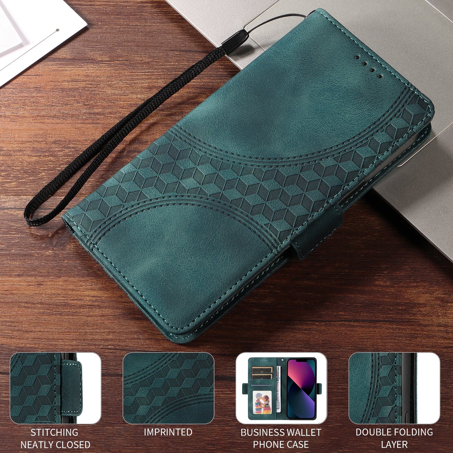For Samsung Galaxy F06 5G Leather Cases Wallet Rhombus Imprinted Phone Cover Stand with Strap - Green