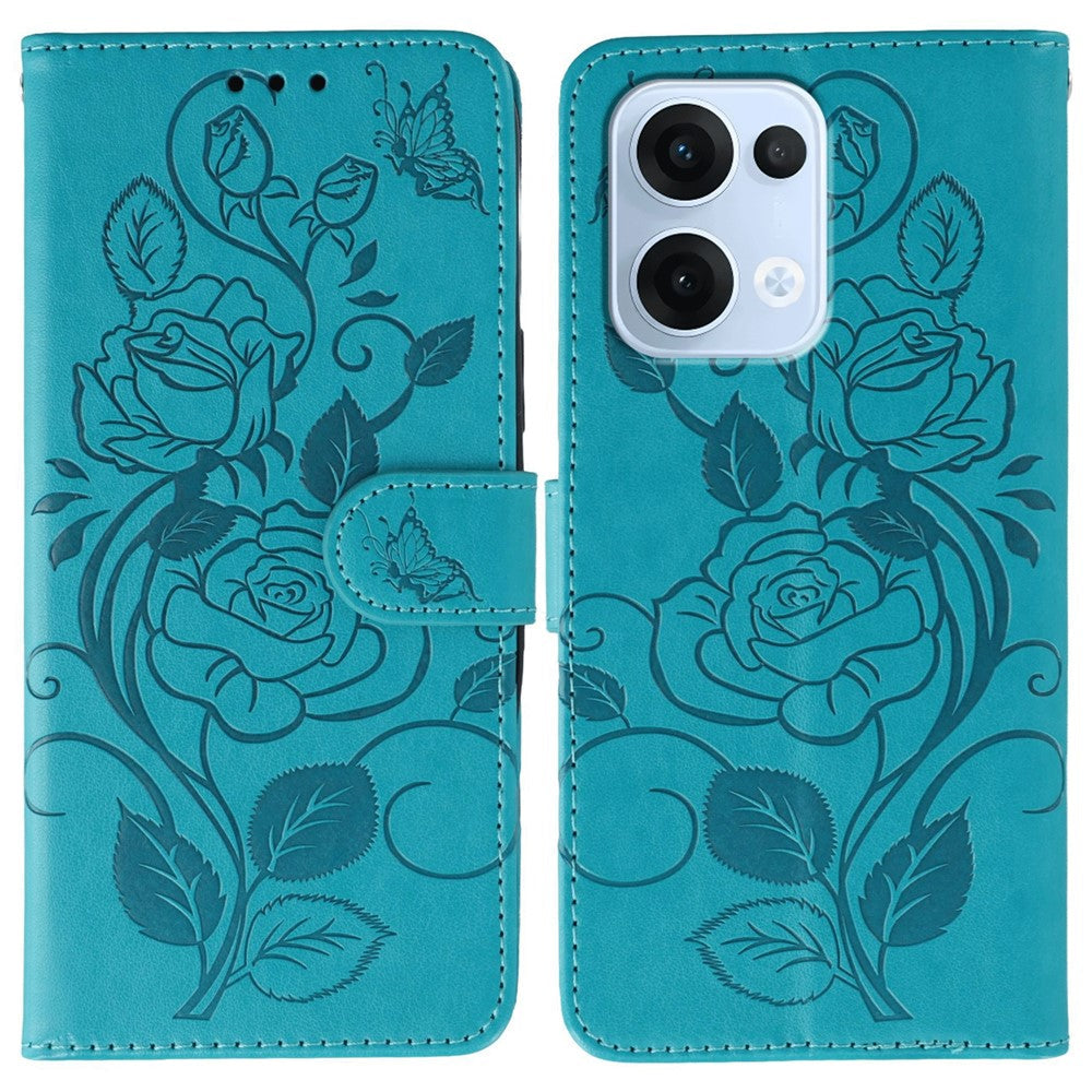 For Oppo Reno13 5G (Global) Case Wallet Stand Imprinted Rose Butterfly PU Leather Phone Cover - Blue