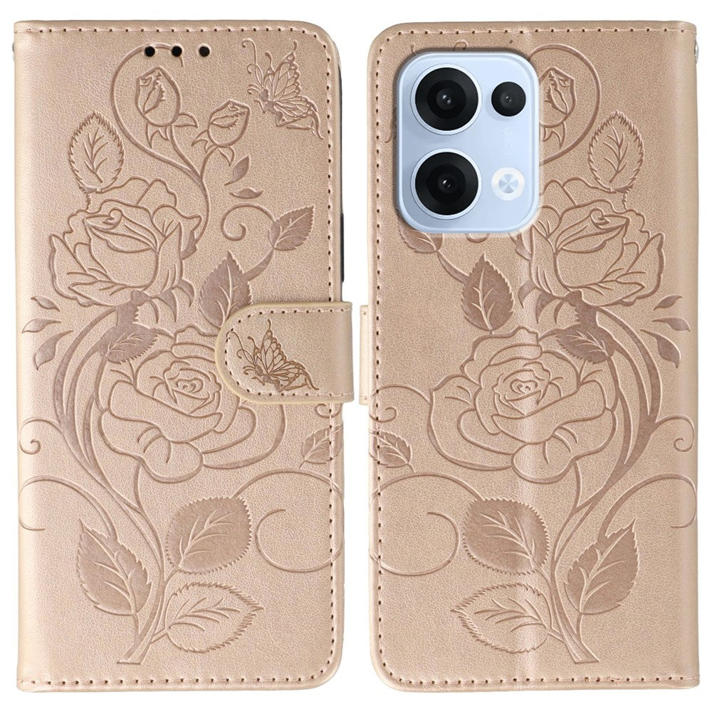 For Oppo Reno13 5G (Global) Case Wallet Stand Imprinted Rose Butterfly PU Leather Phone Cover - Rose Gold