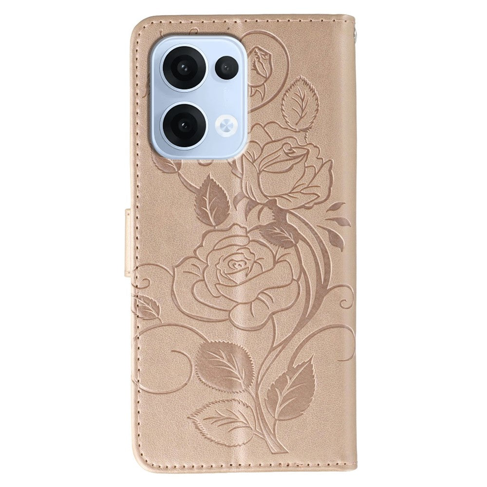 For Oppo Reno13 5G (Global) Case Wallet Stand Imprinted Rose Butterfly PU Leather Phone Cover - Rose Gold