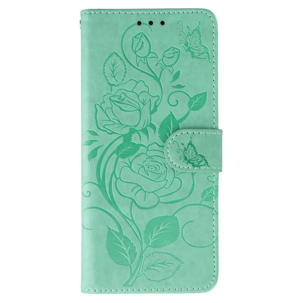 For Oppo Reno13 5G (Global) Case Wallet Stand Imprinted Rose Butterfly PU Leather Phone Cover - Green