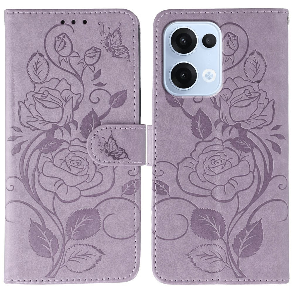 For Oppo Reno13 5G (Global) Case Wallet Stand Imprinted Rose Butterfly PU Leather Phone Cover - Purple