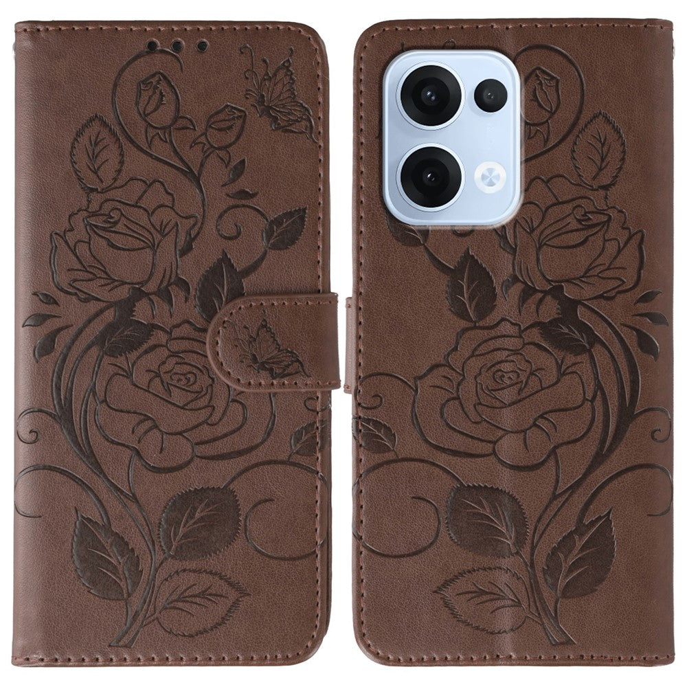 For Oppo Reno13 5G (Global) Case Wallet Stand Imprinted Rose Butterfly PU Leather Phone Cover - Brown