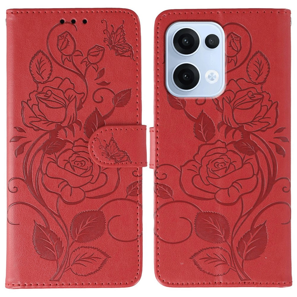For Oppo Reno13 5G (Global) Case Wallet Stand Imprinted Rose Butterfly PU Leather Phone Cover - Red