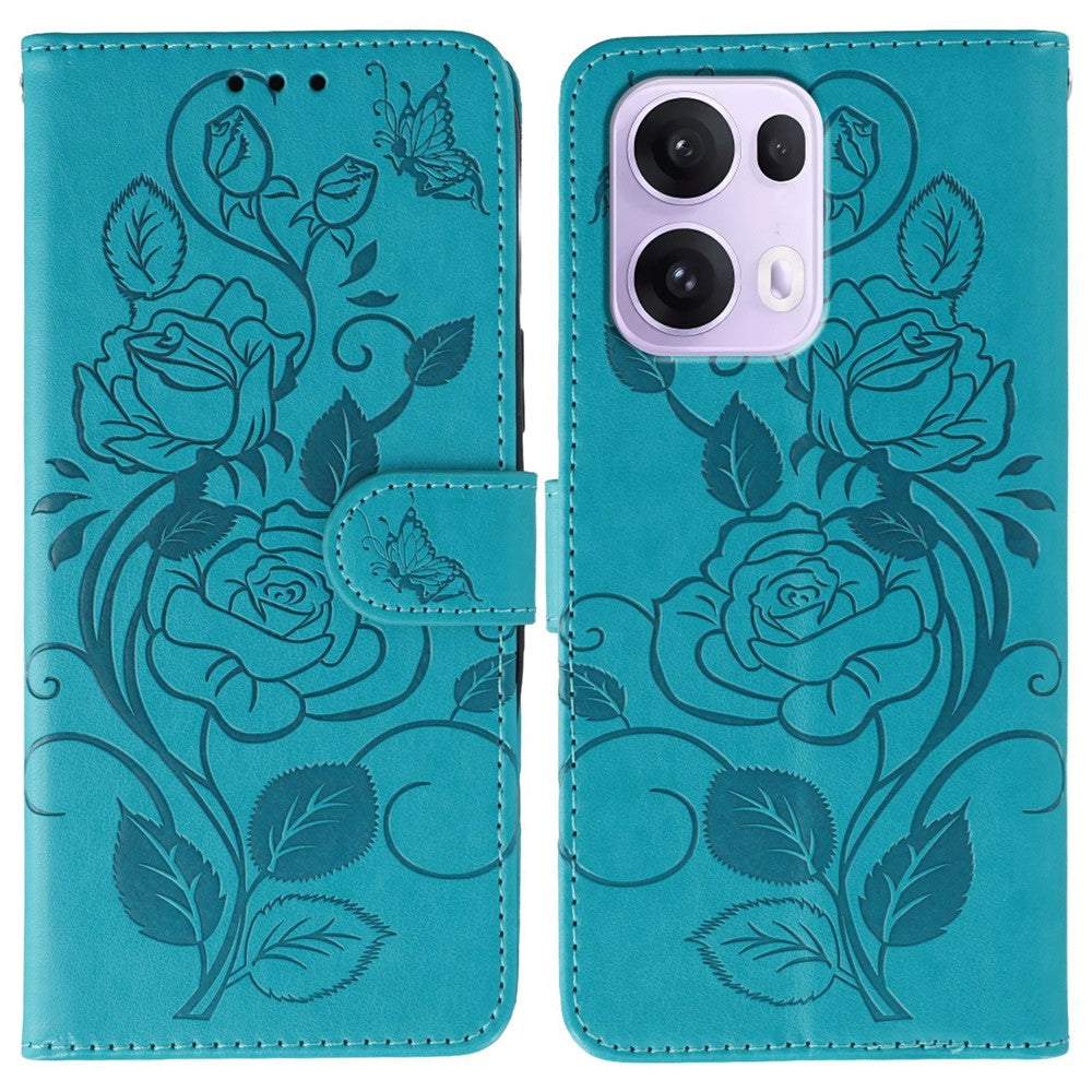For Oppo Reno13 Pro 5G Case Wallet Stand Imprinted Rose Butterfly PU Leather Phone Cover - Blue