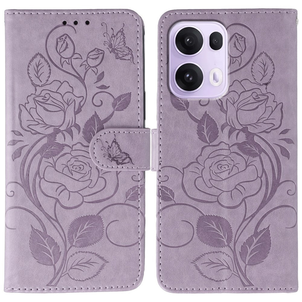 For Oppo Reno13 Pro 5G Case Wallet Stand Imprinted Rose Butterfly PU Leather Phone Cover - Purple