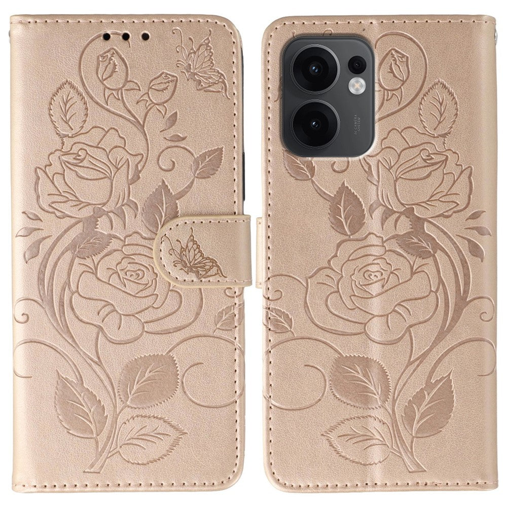 For Oppo Reno13 F 4G / 5G Case Wallet Stand Imprinted Rose Butterfly PU Leather Phone Cover - Rose Gold