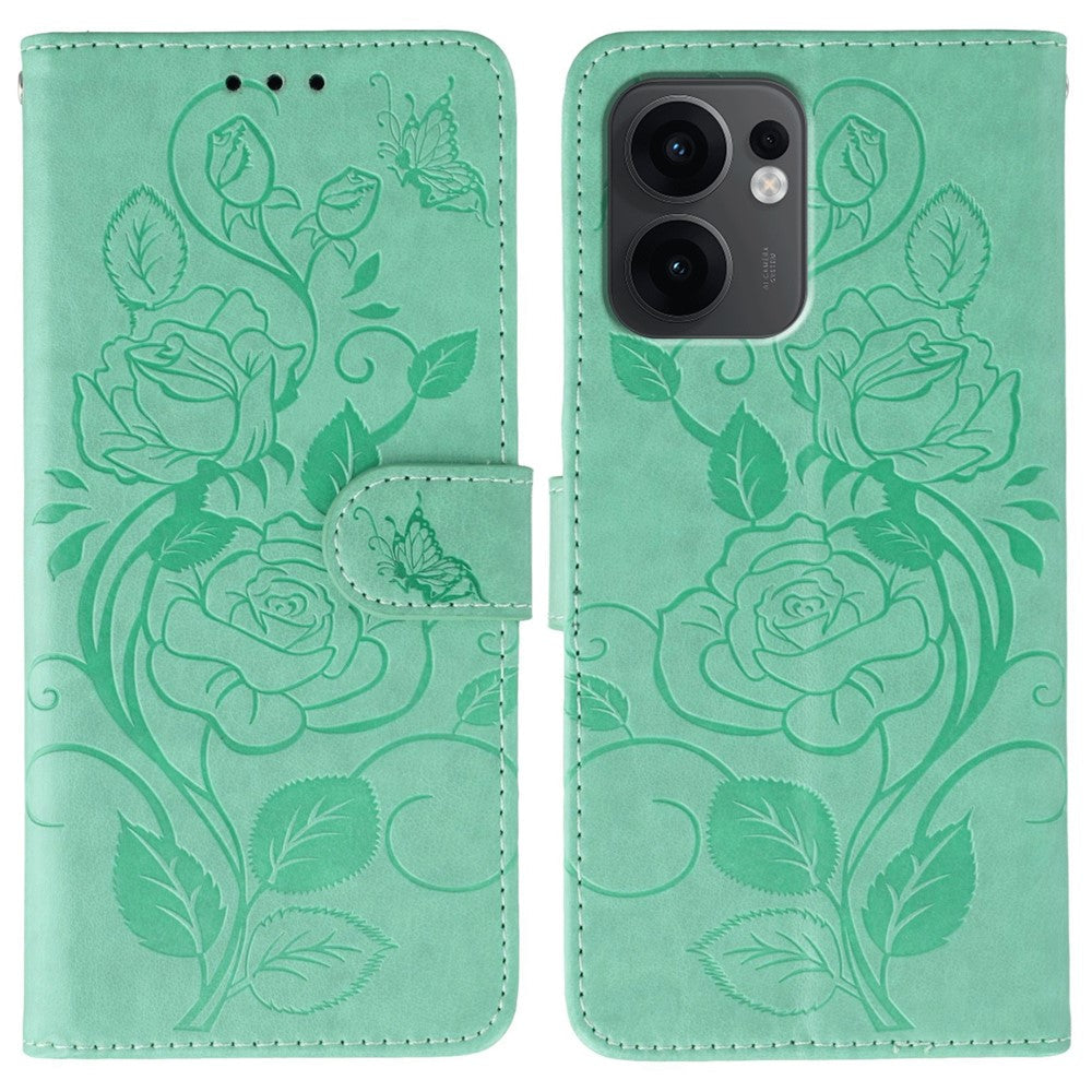 For Oppo Reno13 F 4G / 5G Case Wallet Stand Imprinted Rose Butterfly PU Leather Phone Cover - Green