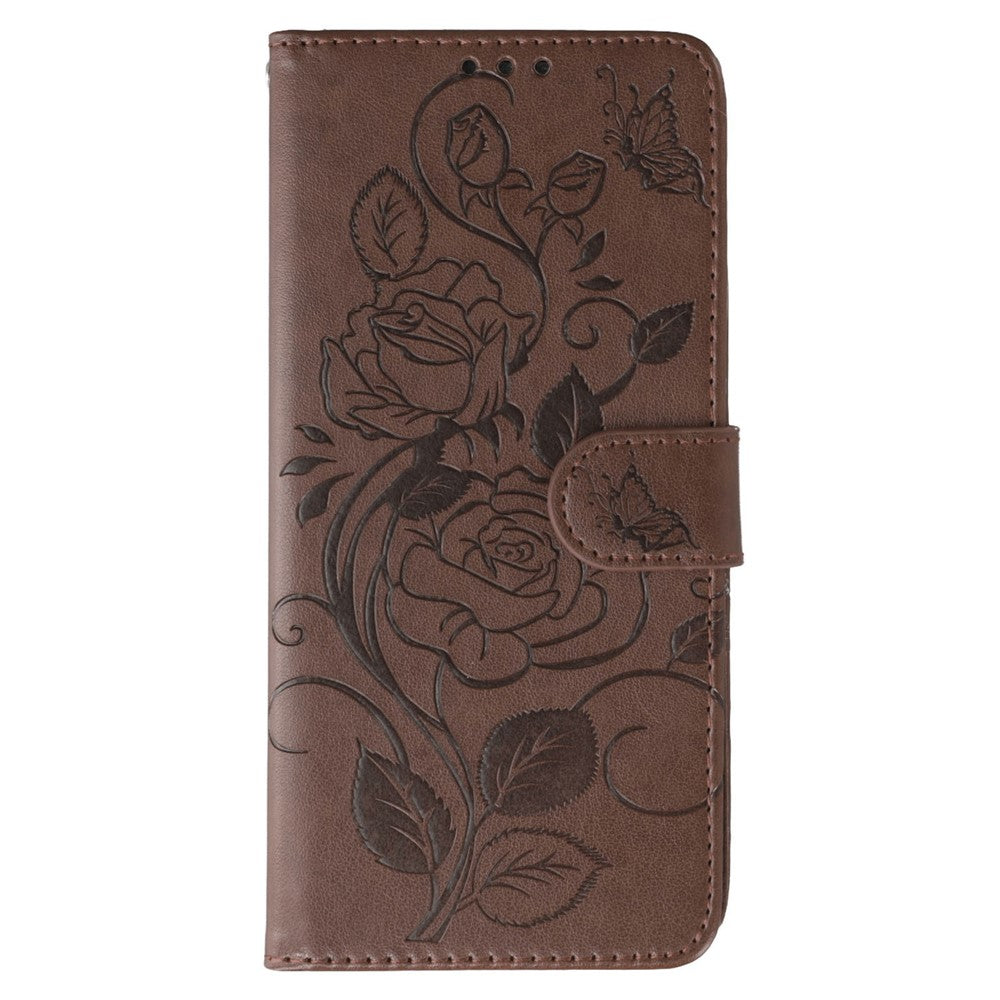 For Oppo Reno13 F 4G / 5G Case Wallet Stand Imprinted Rose Butterfly PU Leather Phone Cover - Brown