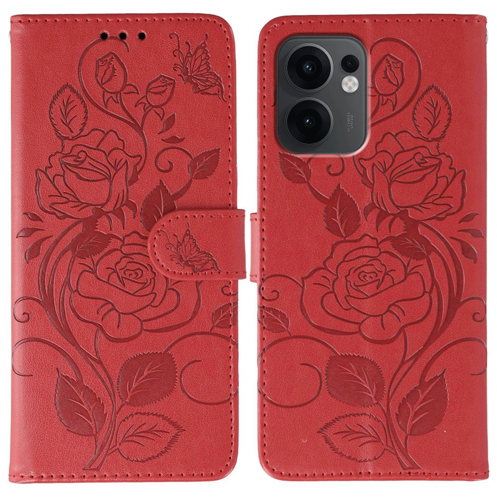 For Oppo Reno13 F 4G / 5G Case Wallet Stand Imprinted Rose Butterfly PU Leather Phone Cover - Red