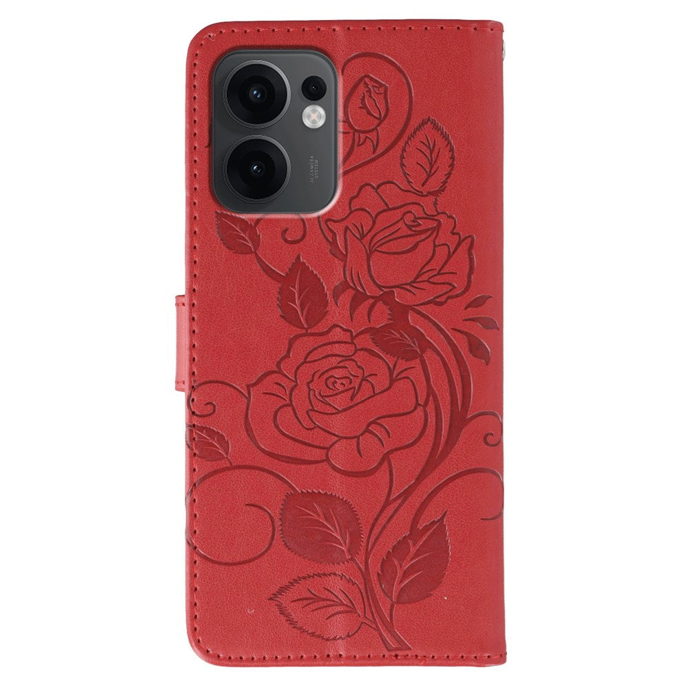 For Oppo Reno13 F 4G / 5G Case Wallet Stand Imprinted Rose Butterfly PU Leather Phone Cover - Red