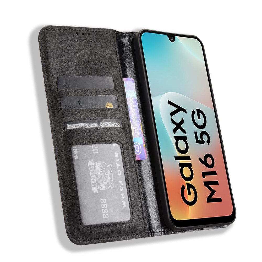 For Samsung Galaxy M16 5G / Galaxy F16 5G Retro PU Leather Case Phone Wallet Stand Cover - Black