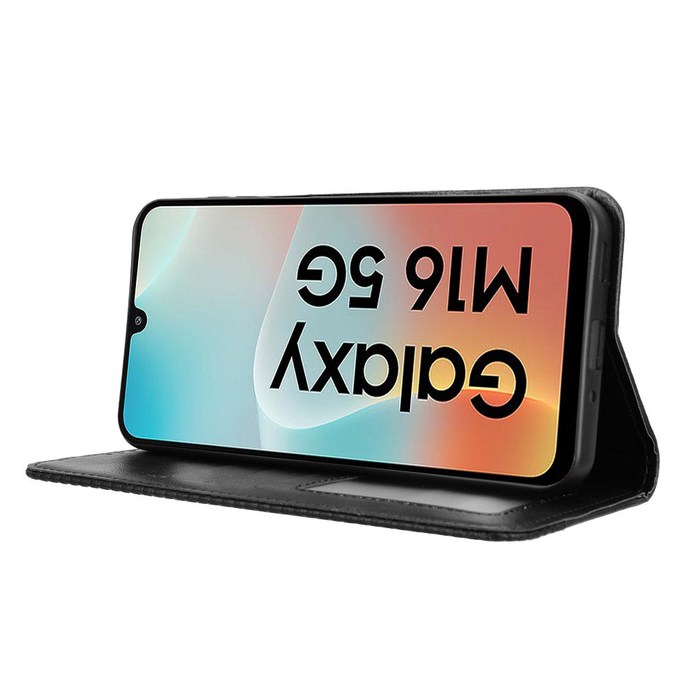For Samsung Galaxy M16 5G / Galaxy F16 5G Retro PU Leather Case Phone Wallet Stand Cover - Black