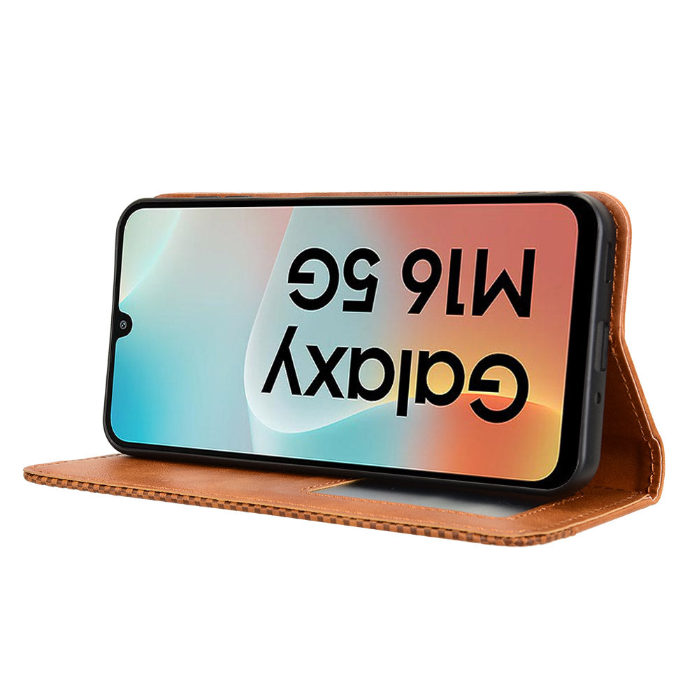 For Samsung Galaxy M16 5G / Galaxy F16 5G Retro PU Leather Case Phone Wallet Stand Cover - Brown