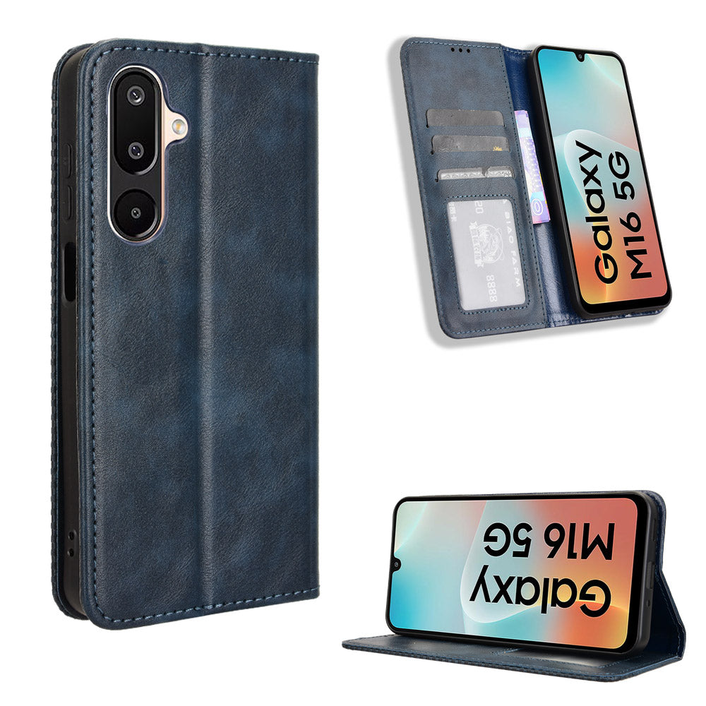 For Samsung Galaxy M16 5G / Galaxy F16 5G Retro PU Leather Case Phone Wallet Stand Cover - Blue