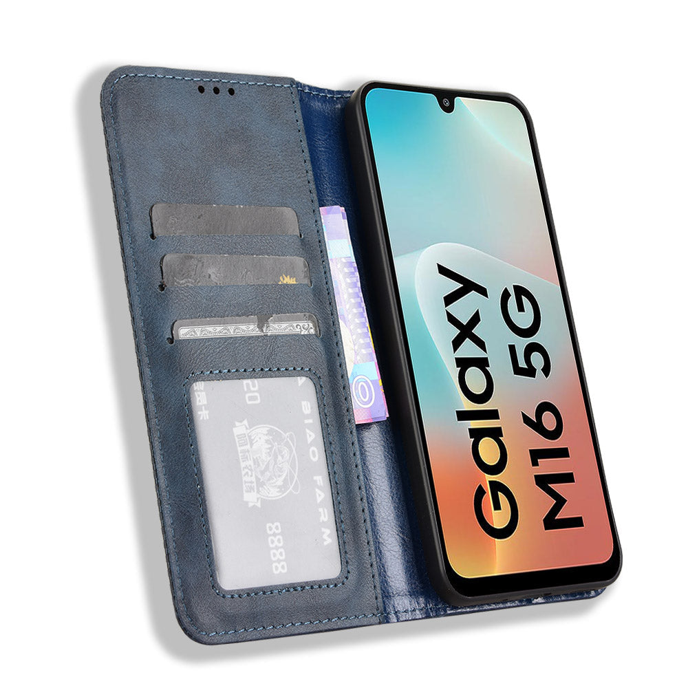 For Samsung Galaxy M16 5G / Galaxy F16 5G Retro PU Leather Case Phone Wallet Stand Cover - Blue