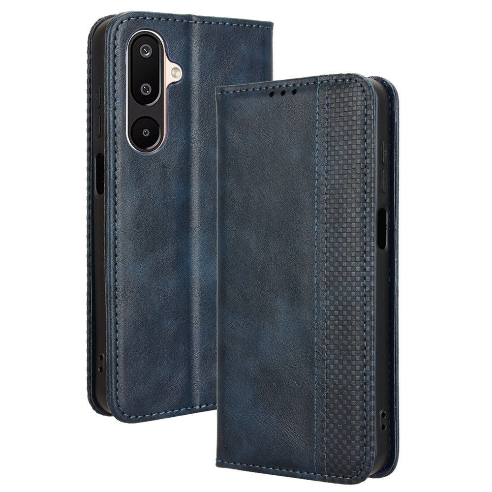 For Samsung Galaxy M16 5G / Galaxy F16 5G Retro PU Leather Case Phone Wallet Stand Cover - Blue