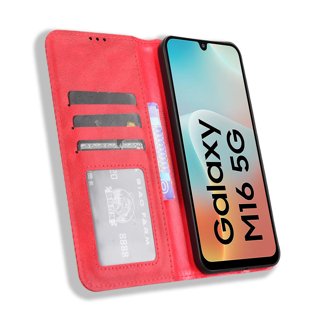 For Samsung Galaxy M16 5G / Galaxy F16 5G Retro PU Leather Case Phone Wallet Stand Cover - Red