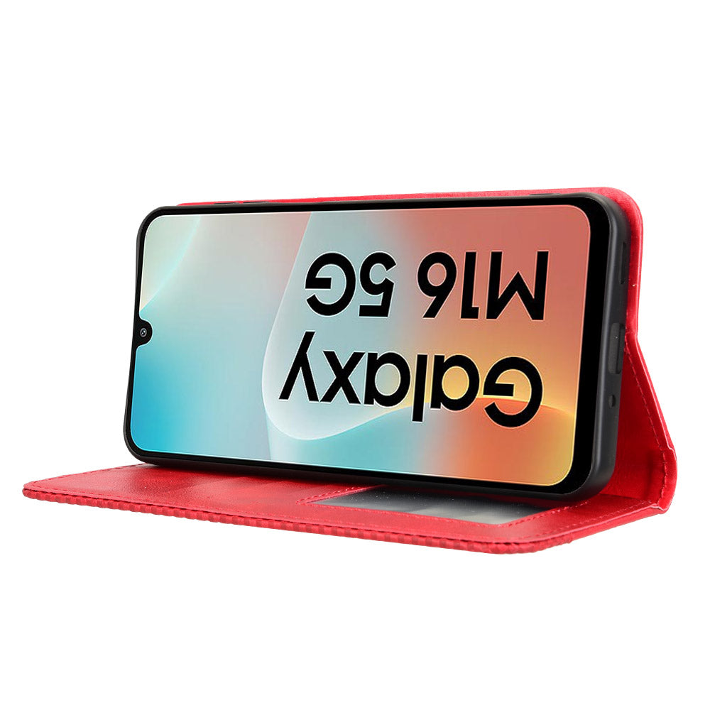 For Samsung Galaxy M16 5G / Galaxy F16 5G Retro PU Leather Case Phone Wallet Stand Cover - Red