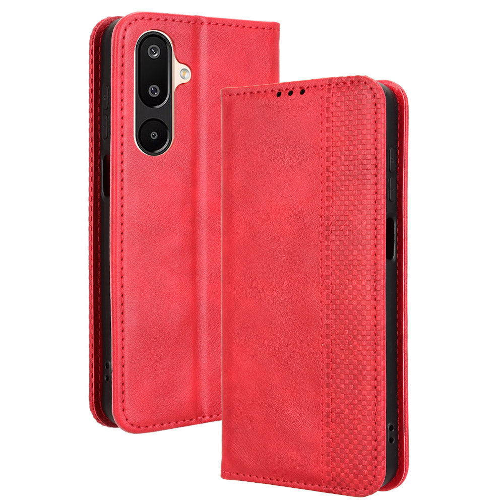 For Samsung Galaxy M16 5G / Galaxy F16 5G Retro PU Leather Case Phone Wallet Stand Cover - Red