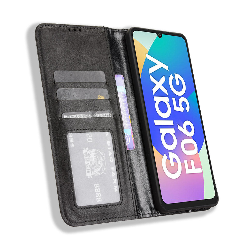 For Samsung Galaxy M06 5G / Galaxy F06 5G Retro PU Leather Case Phone Wallet Stand Cover - Black