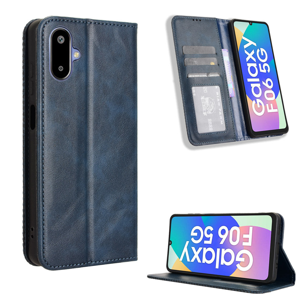 For Samsung Galaxy M06 5G / Galaxy F06 5G Retro PU Leather Case Phone Wallet Stand Cover - Blue