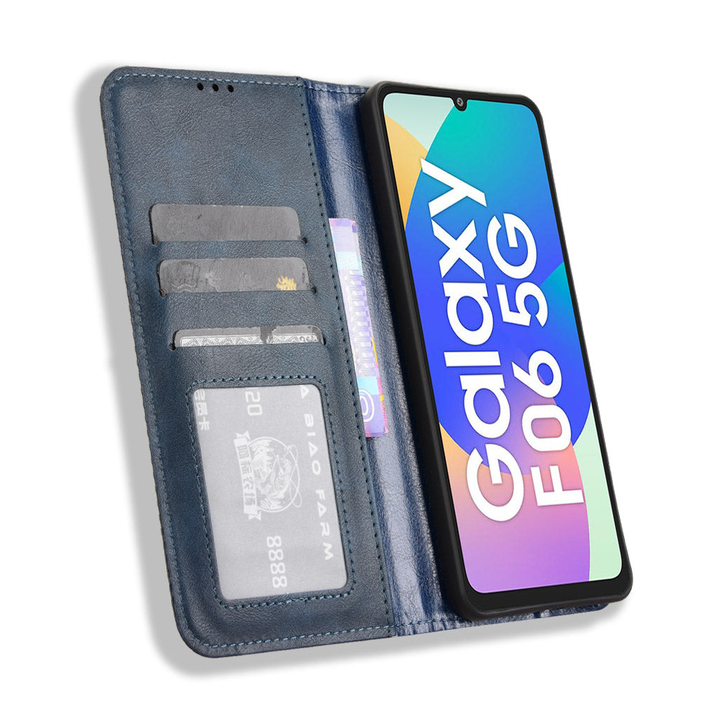 For Samsung Galaxy M06 5G / Galaxy F06 5G Retro PU Leather Case Phone Wallet Stand Cover - Blue