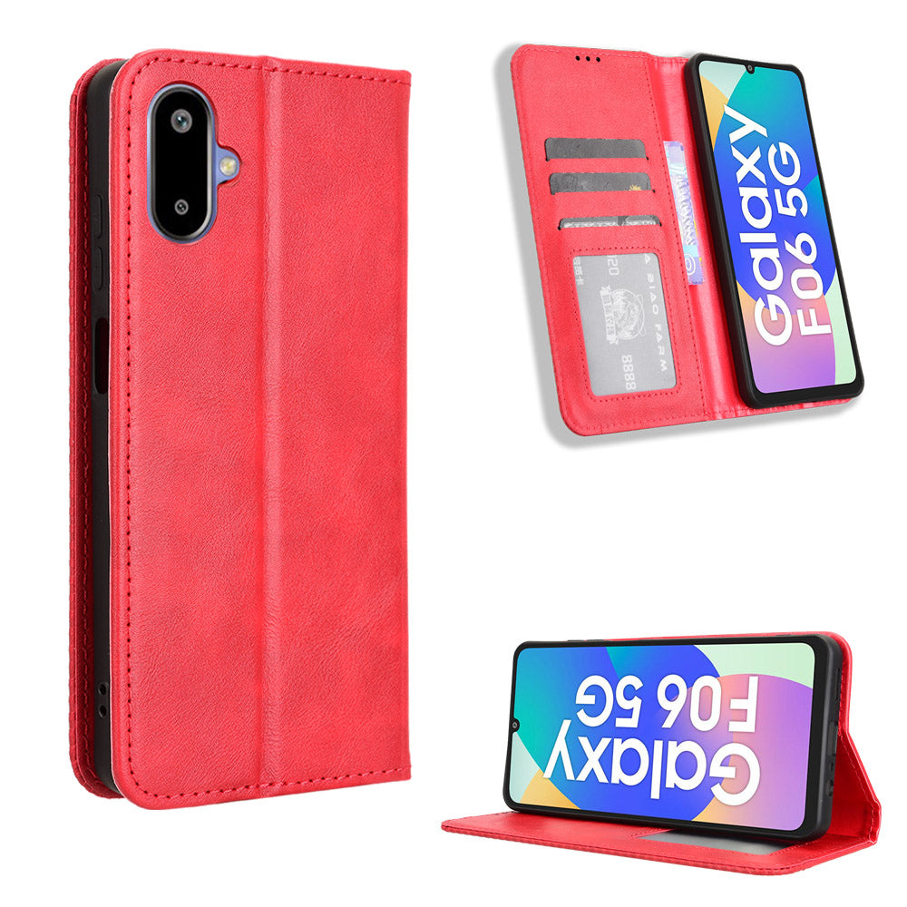 For Samsung Galaxy M06 5G / Galaxy F06 5G Retro PU Leather Case Phone Wallet Stand Cover - Red