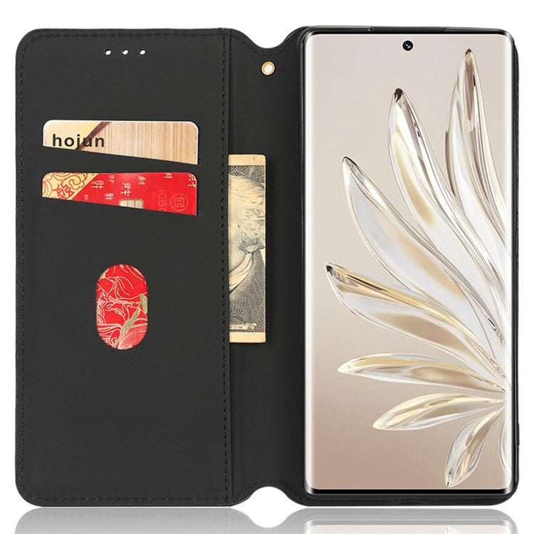 For Honor 70 5G Magnetic Auto-absorbed PU Leather Case Rhombus Pattern Imprinted Phone Cover with Wallet Stand - Black