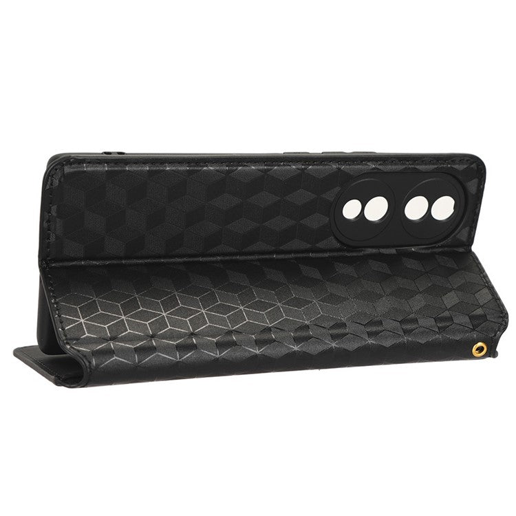 For Honor 70 5G Magnetic Auto-absorbed PU Leather Case Rhombus Pattern Imprinted Phone Cover with Wallet Stand - Black