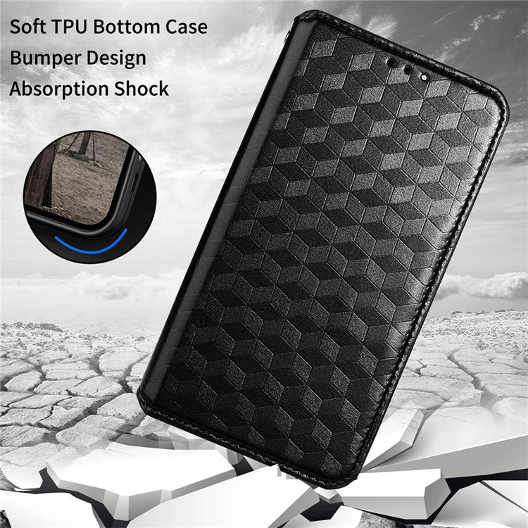 For Honor 70 5G Magnetic Auto-absorbed PU Leather Case Rhombus Pattern Imprinted Phone Cover with Wallet Stand - Black