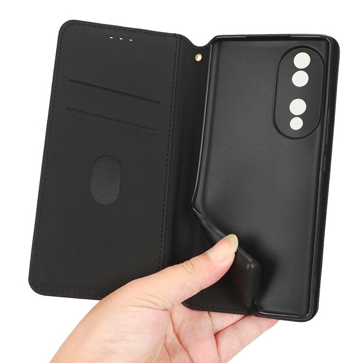 For Honor 70 5G Magnetic Auto-absorbed PU Leather Case Rhombus Pattern Imprinted Phone Cover with Wallet Stand - Black