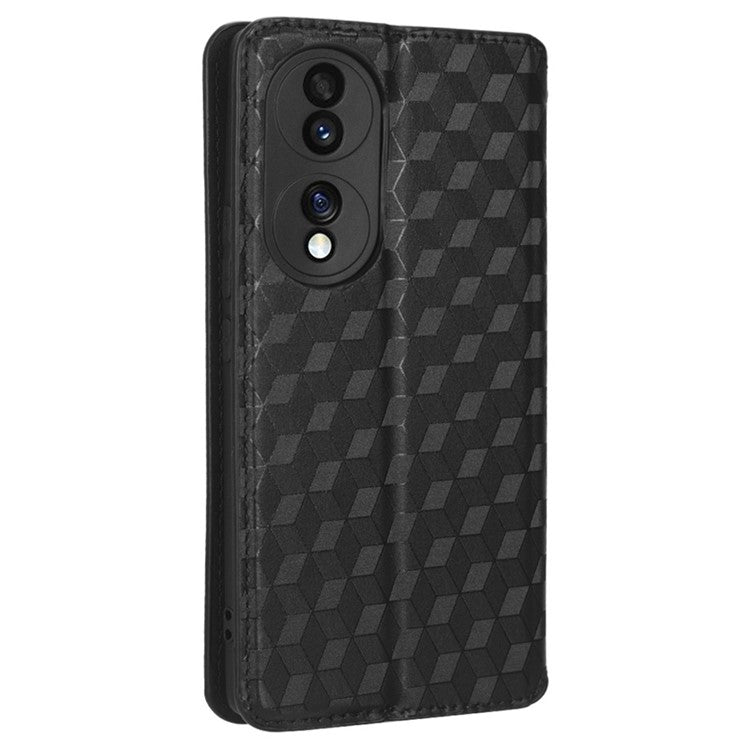 For Honor 70 5G Magnetic Auto-absorbed PU Leather Case Rhombus Pattern Imprinted Phone Cover with Wallet Stand - Black