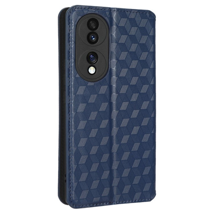 For Honor 70 5G Magnetic Auto-absorbed PU Leather Case Rhombus Pattern Imprinted Phone Cover with Wallet Stand - Blue