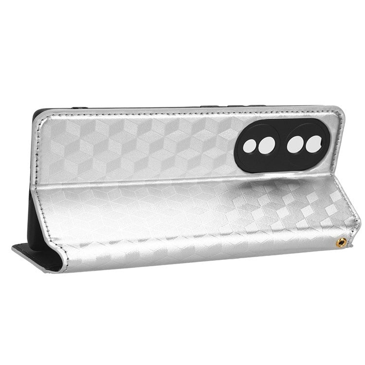 For Honor 70 5G Magnetic Auto-absorbed PU Leather Case Rhombus Pattern Imprinted Phone Cover with Wallet Stand - Silver